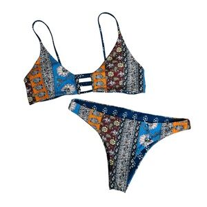 Boho Floral Multicolor Bikini Set Size Large Strappy Triangle Top
